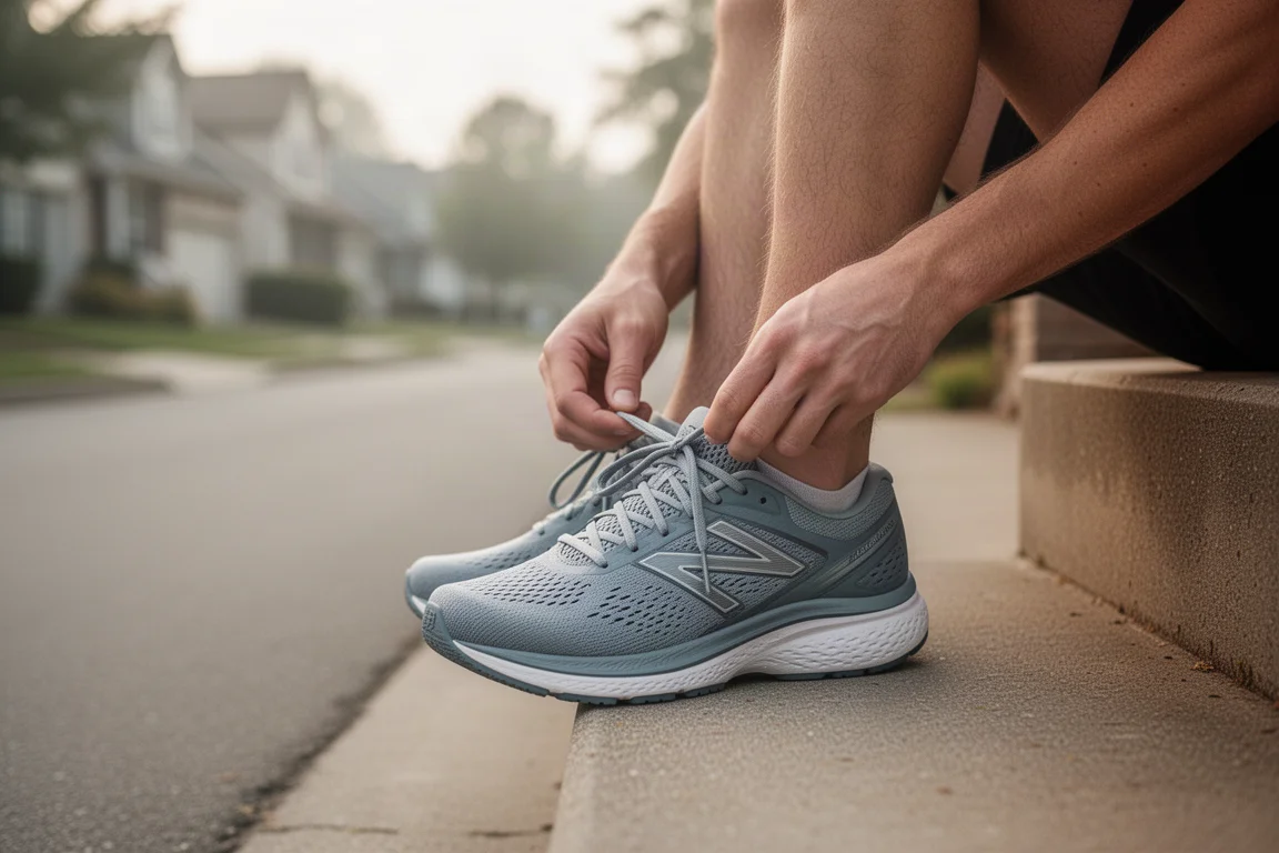 Runner lacing up a cushioned road shoe on a quiet suburban street