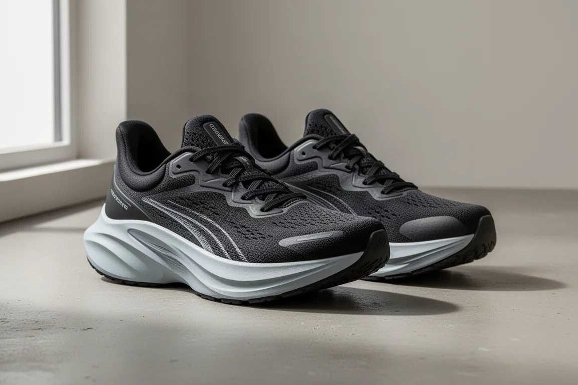 Pair of max-cushion ASICS Gel-Nimbus running shoes on a concrete surface