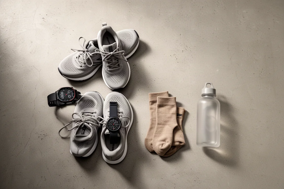 Draufsicht auf Laufschuhe, Socken und eine Uhr, auf Beton ausgelegt