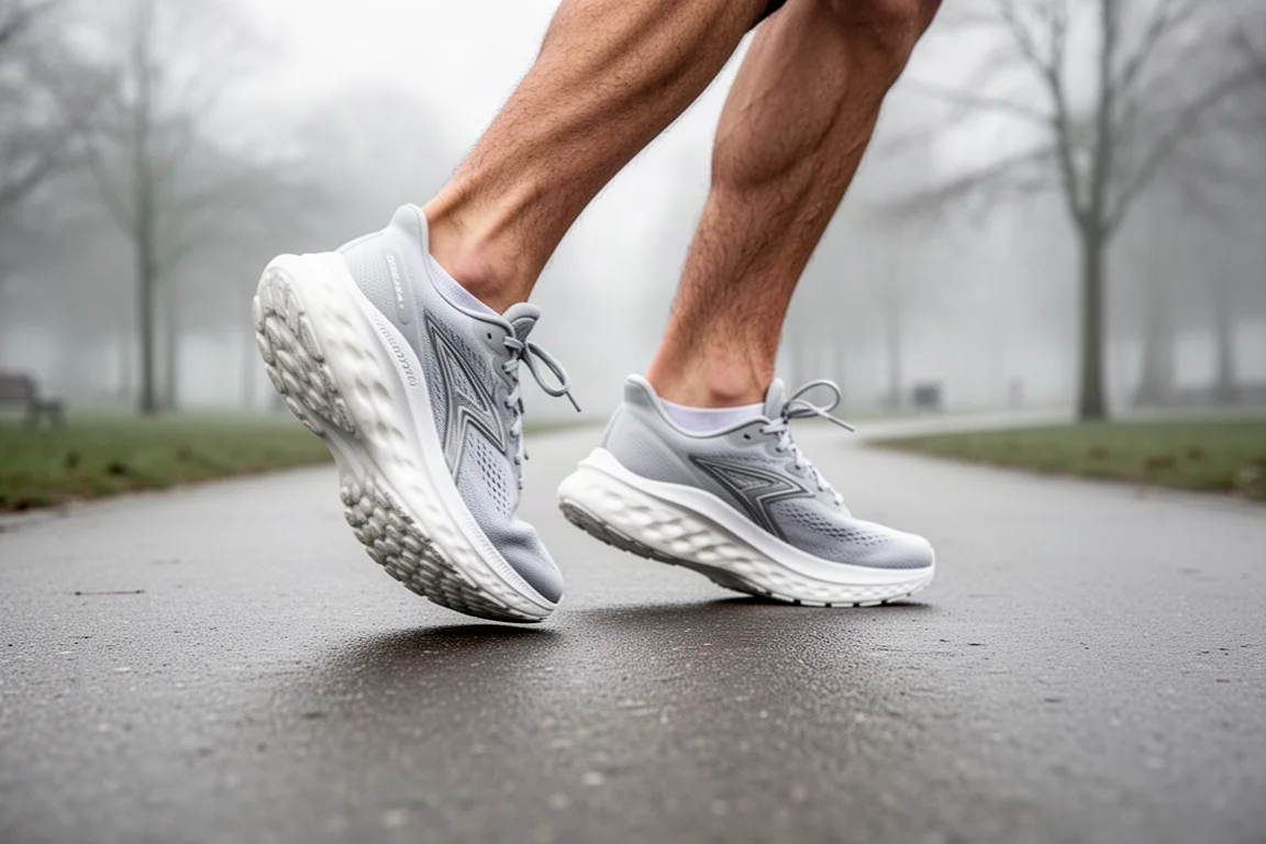 Runner's feet in cushioned road running shoes on smooth pavement
