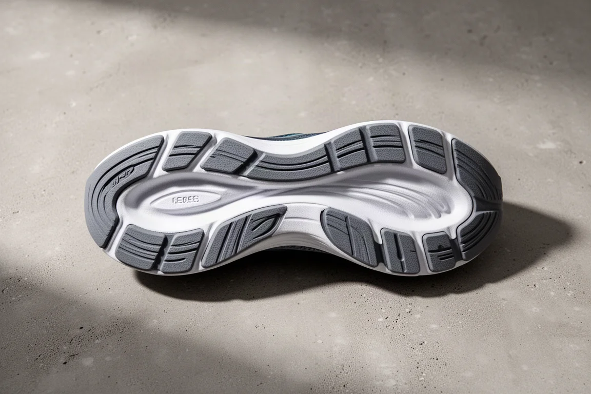 Close-up of a rubberized running shoe outsole with flex grooves