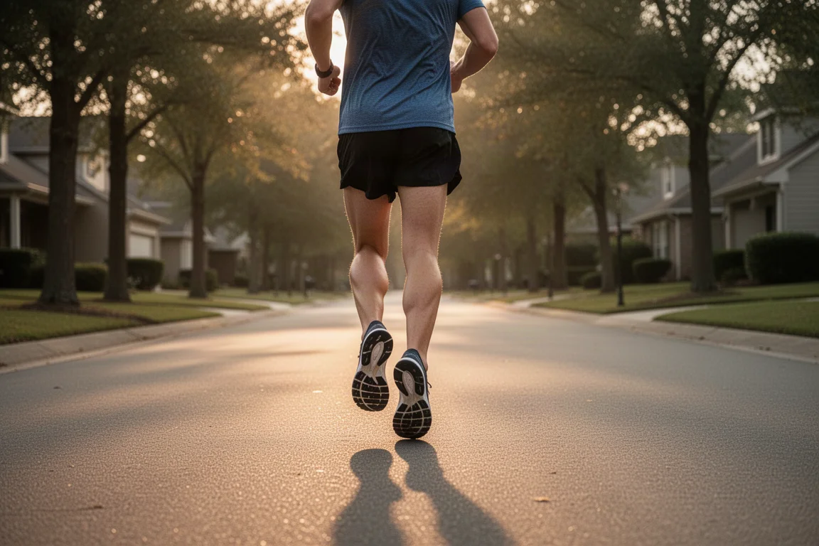 Runner moving along a quiet road at an easy pace in soft evening light
