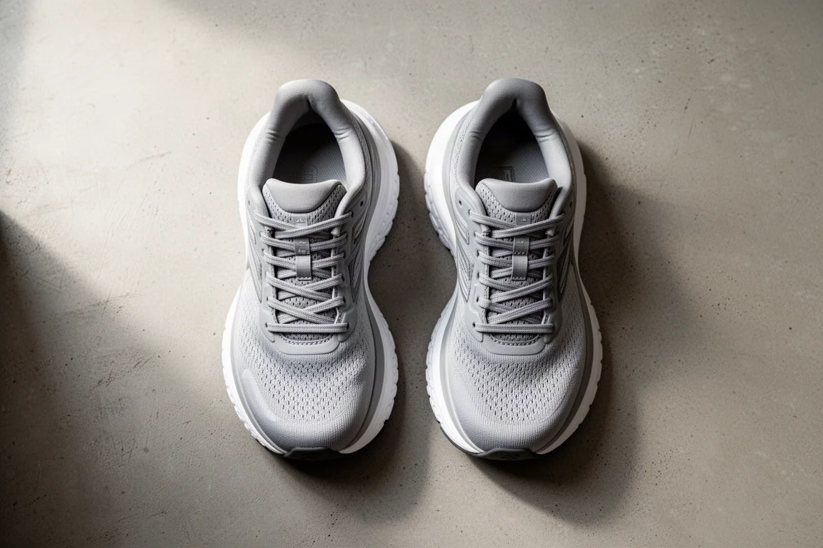 Two running shoes placed side by side on a concrete floor for comparison