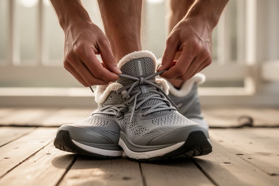 Close-up of a runner tying the laces of a cushioned running shoe