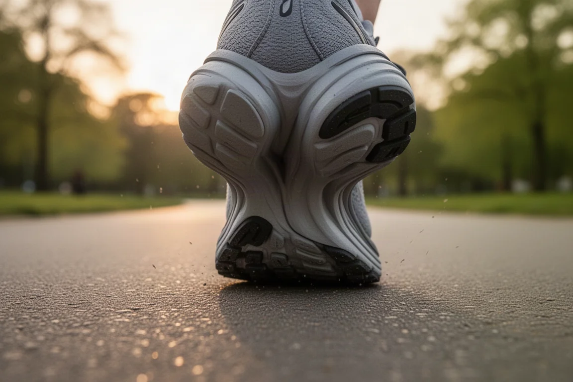 Runner's heel striking the road showing foam compression underfoot