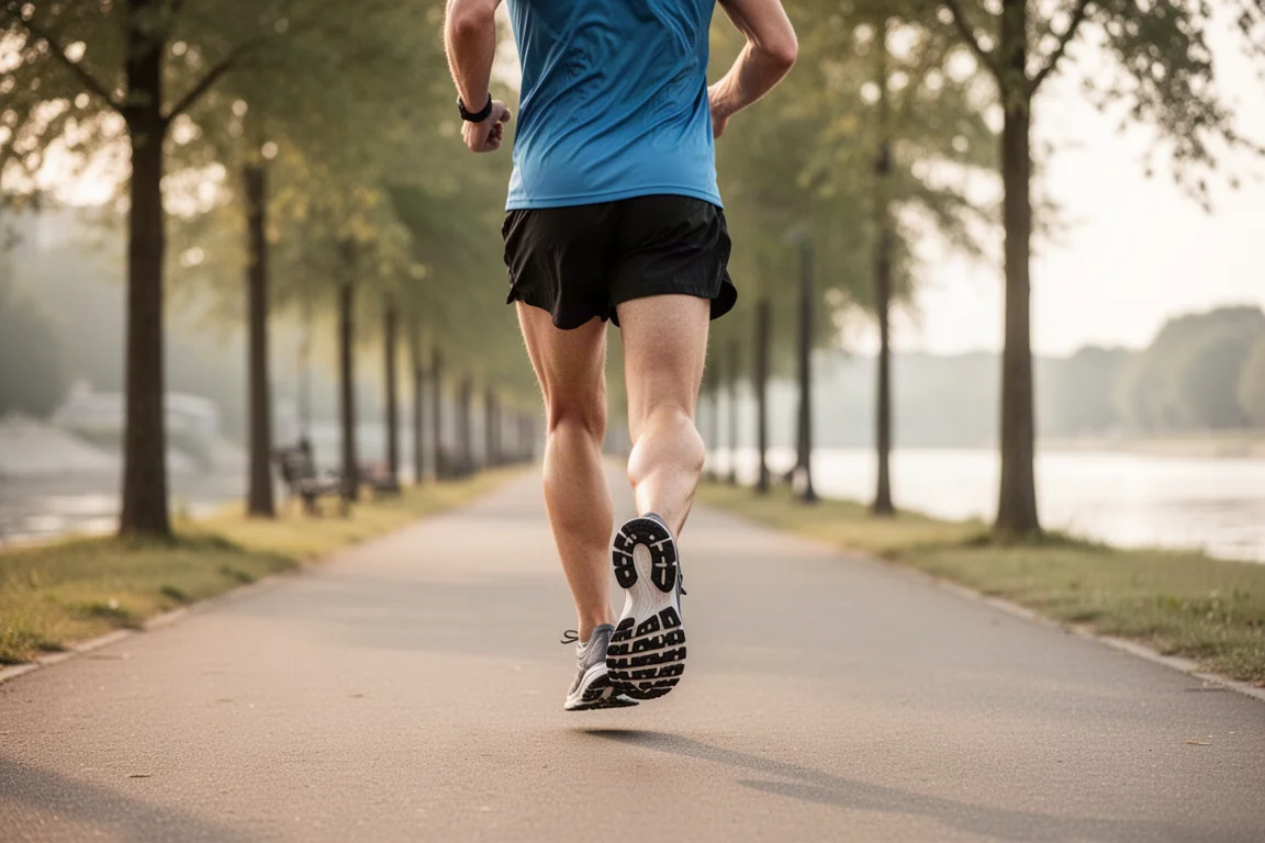 Runner jogging at an easy pace on a paved riverside path