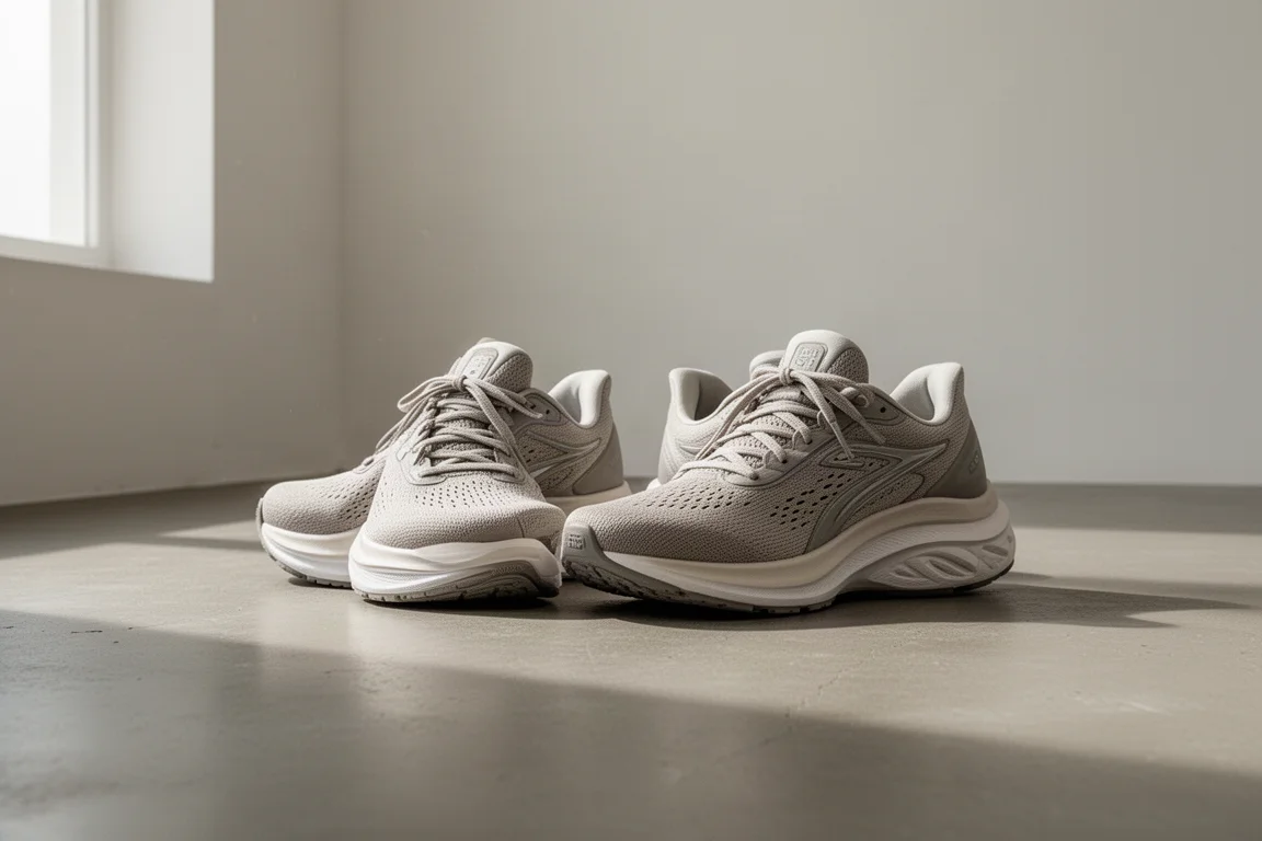 Zwei maximal gedämpfte Laufschuhe nebeneinander auf einem Betonboden