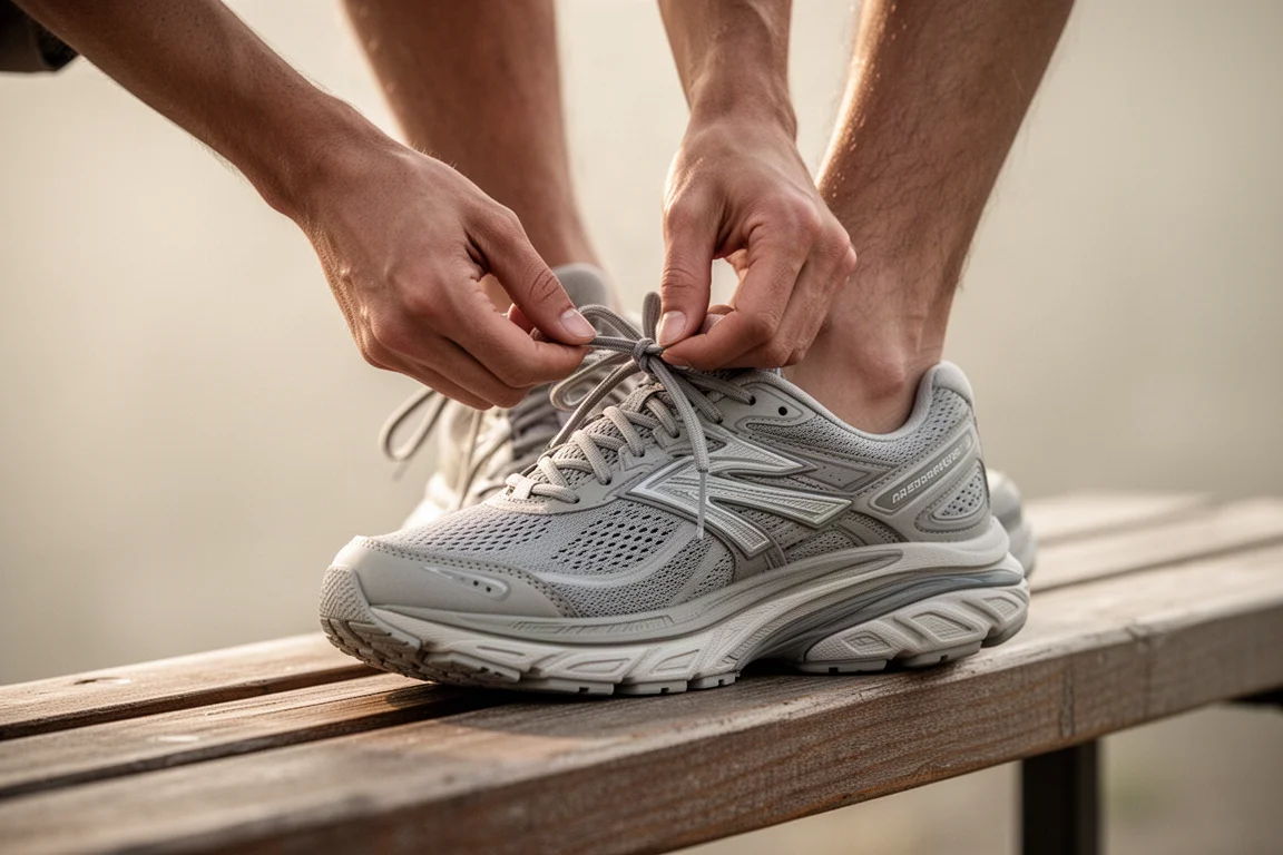 Läufer schnürt die Schnürsenkel eines gedämpften Laufschuhs