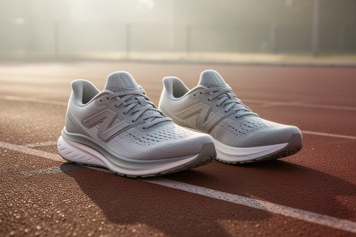 Zwei gedämpfte Laufschuhe nebeneinander an der Bahnkante im sanften Morgenlicht