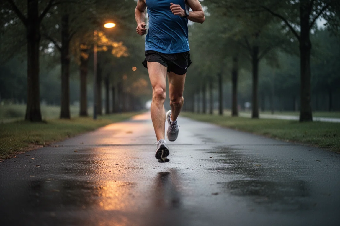 Läufer joggt langsam bei Dämmerung auf nassem Asphalt