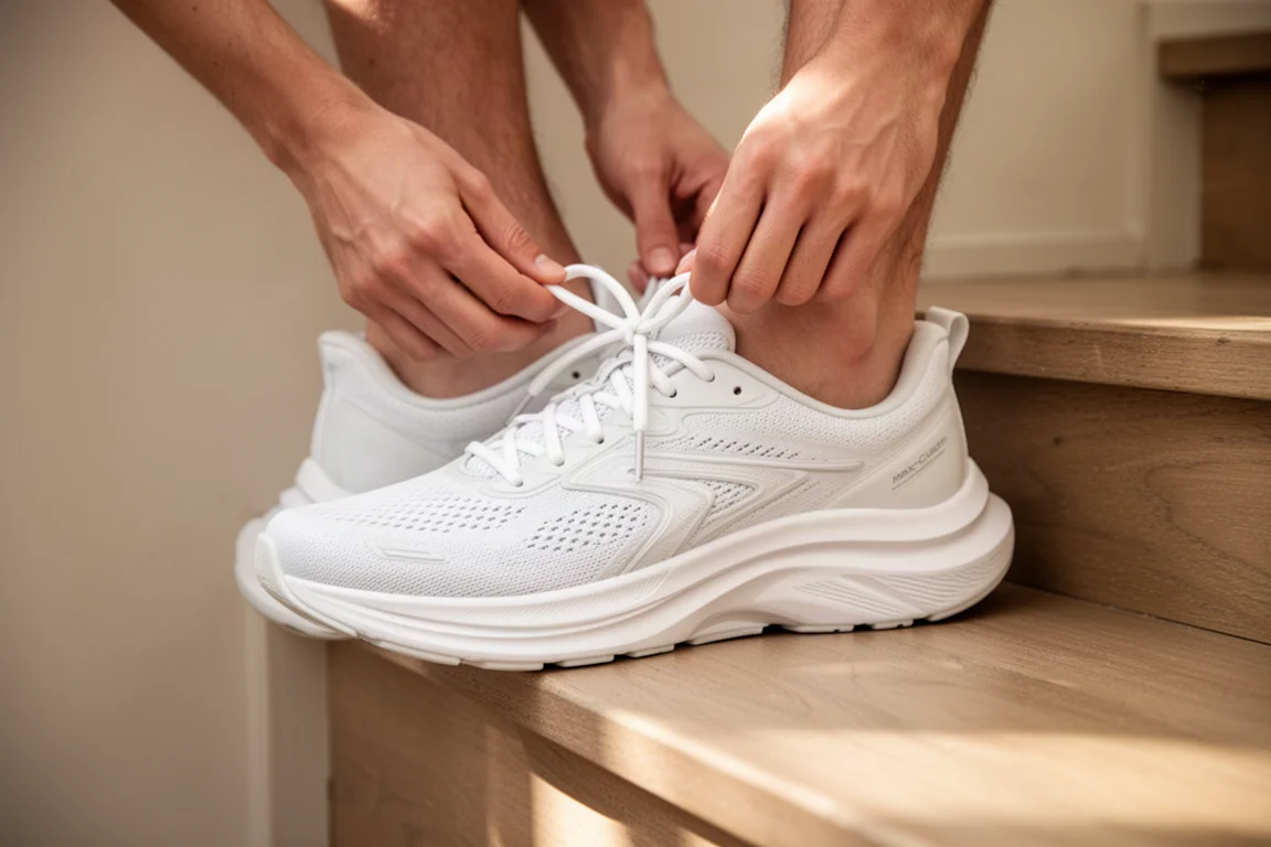 Un corridore allaccia una scarpa da running con ampia ammortizzazione su un marciapiede cittadino all'alba