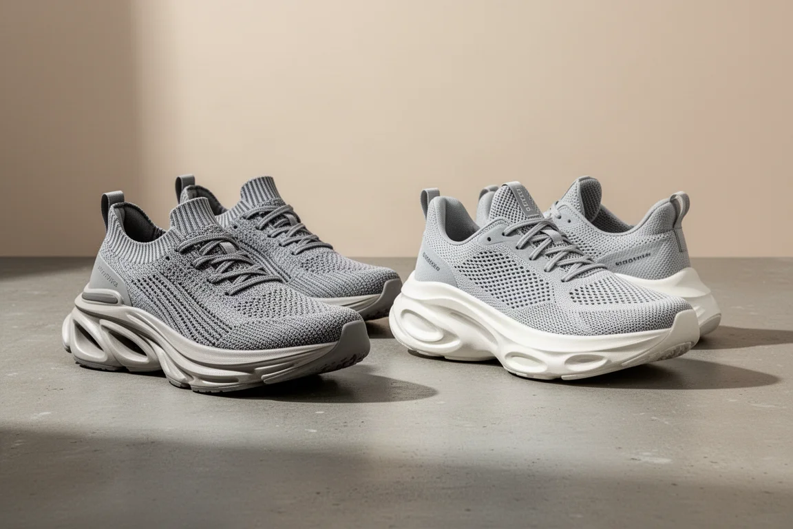 Two pairs of chunky cushioned running shoes side by side on concrete