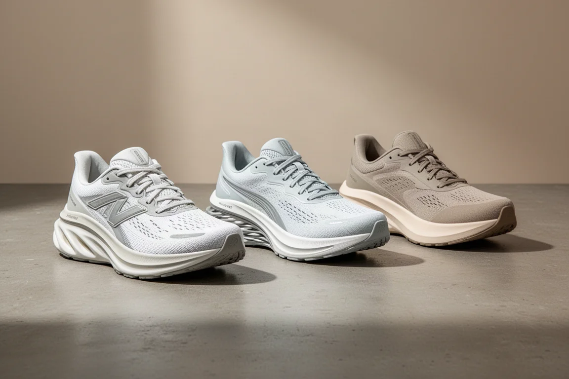 Three pairs of cushioned running shoes arranged on a concrete surface
