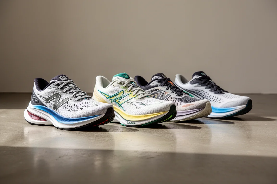 Vier gedämpfte Laufschuhe nebeneinander auf einem Studioboden mit unterschiedlichen Stackhöhen