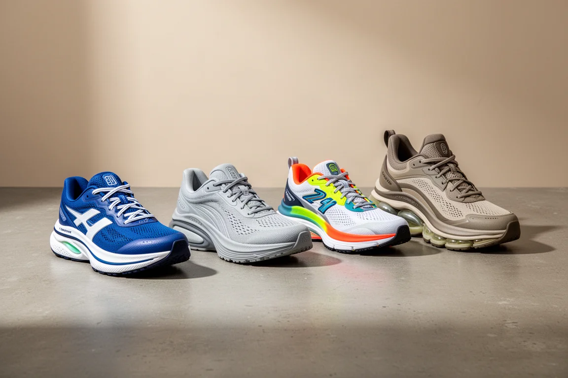 Four cushioned running shoes side by side on a concrete surface