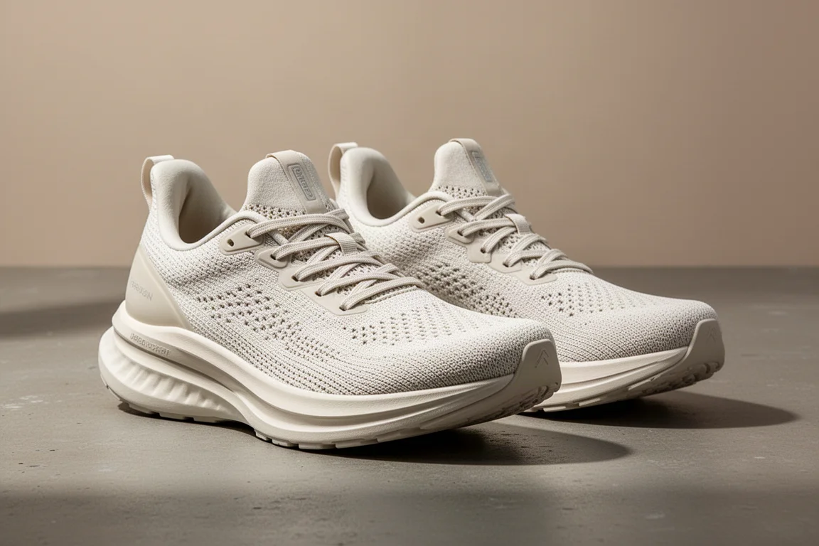 Pair of all-white neutral road running shoes on a concrete surface