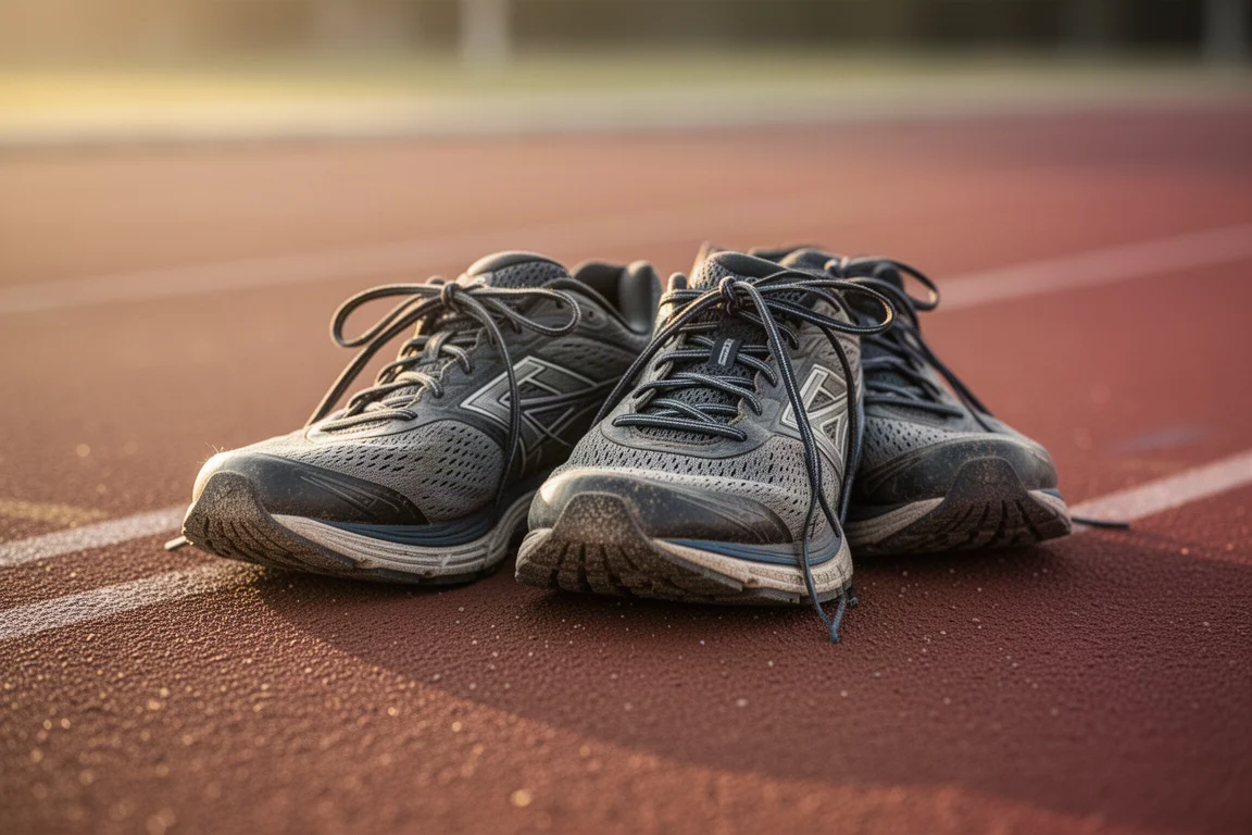 Escena de running sin ciclistas: dos zapatillas descansando lado a lado tras una carrera