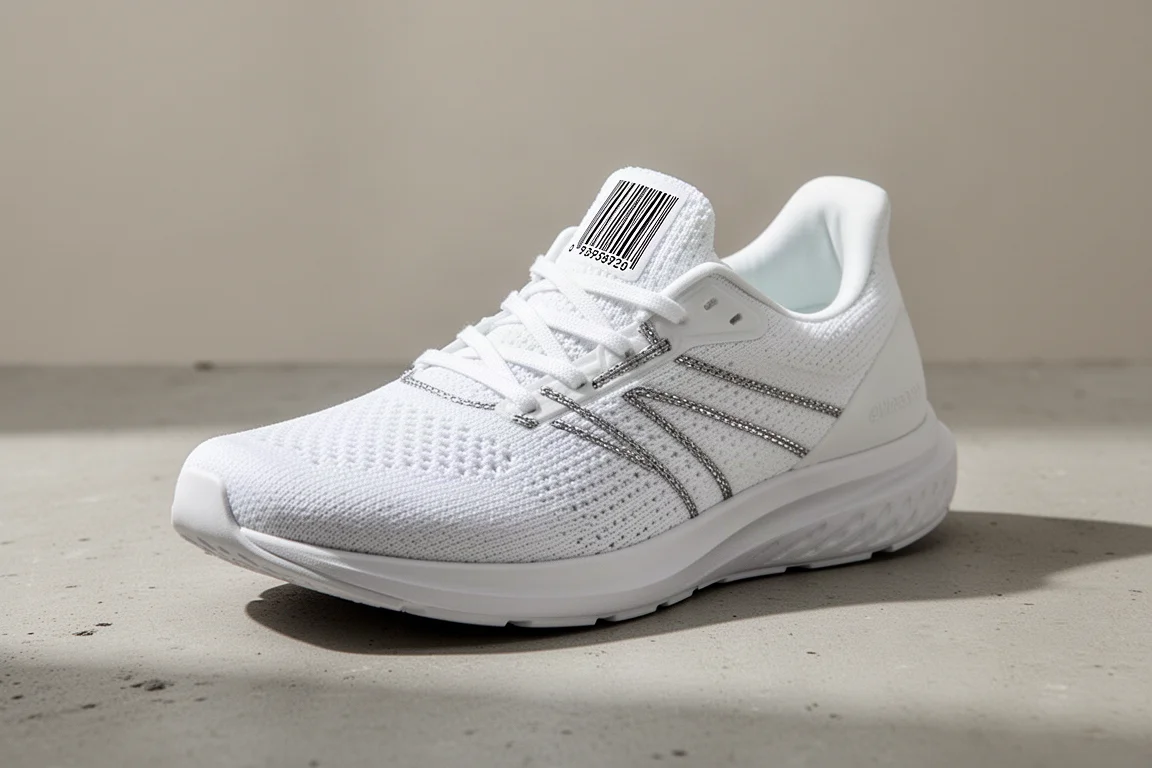 Zapatilla de running completamente blanca con detalle de código de barras en la lengüeta sobre una superficie de hormigón