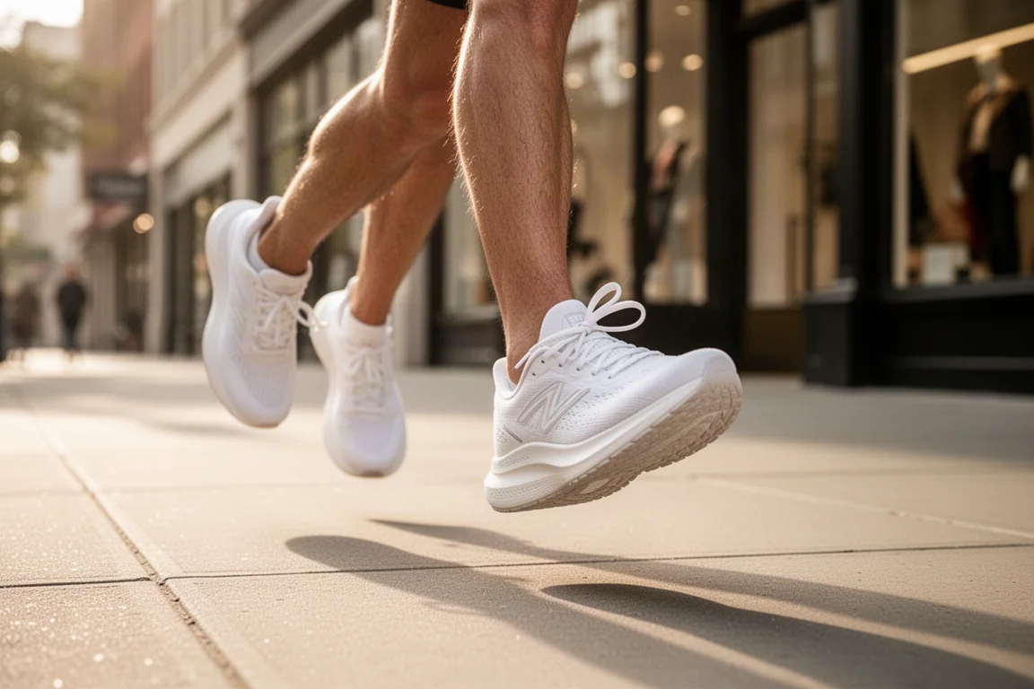 Pies de un corredor con zapatillas blancas caminando por una acera soleada