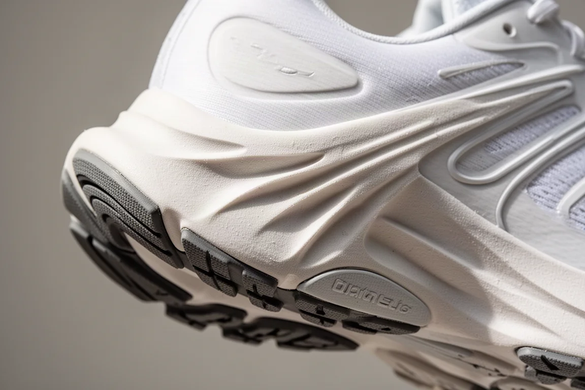 Primer plano de una mediasuela blanca y la suela de goma de una zapatilla de running