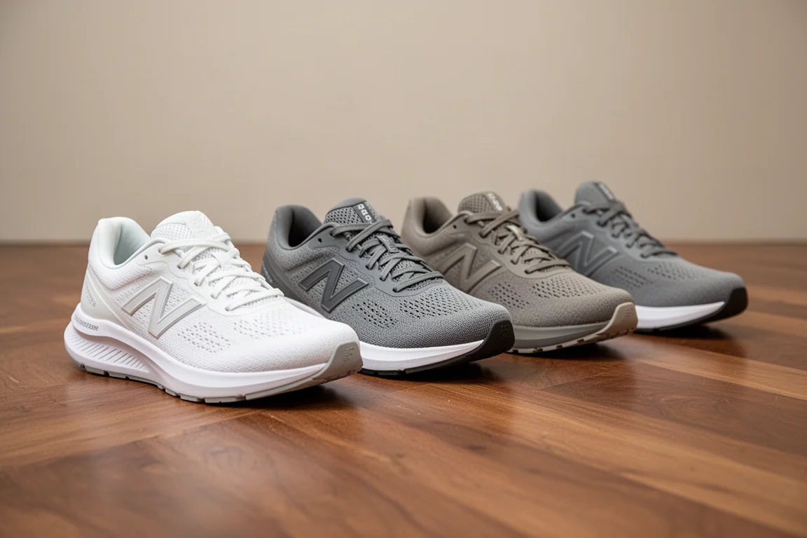 Fila de zapatillas de running acolchadas alineadas sobre un suelo de madera