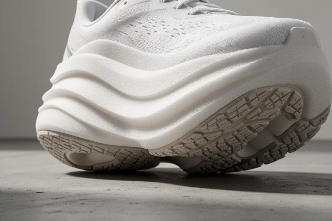 Close-up of thick sculpted midsole foam on a max cushion running shoe