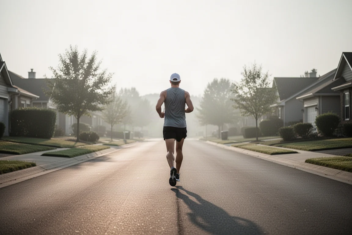 Runner settling into a relaxed easy pace on a quiet road in soft morning light