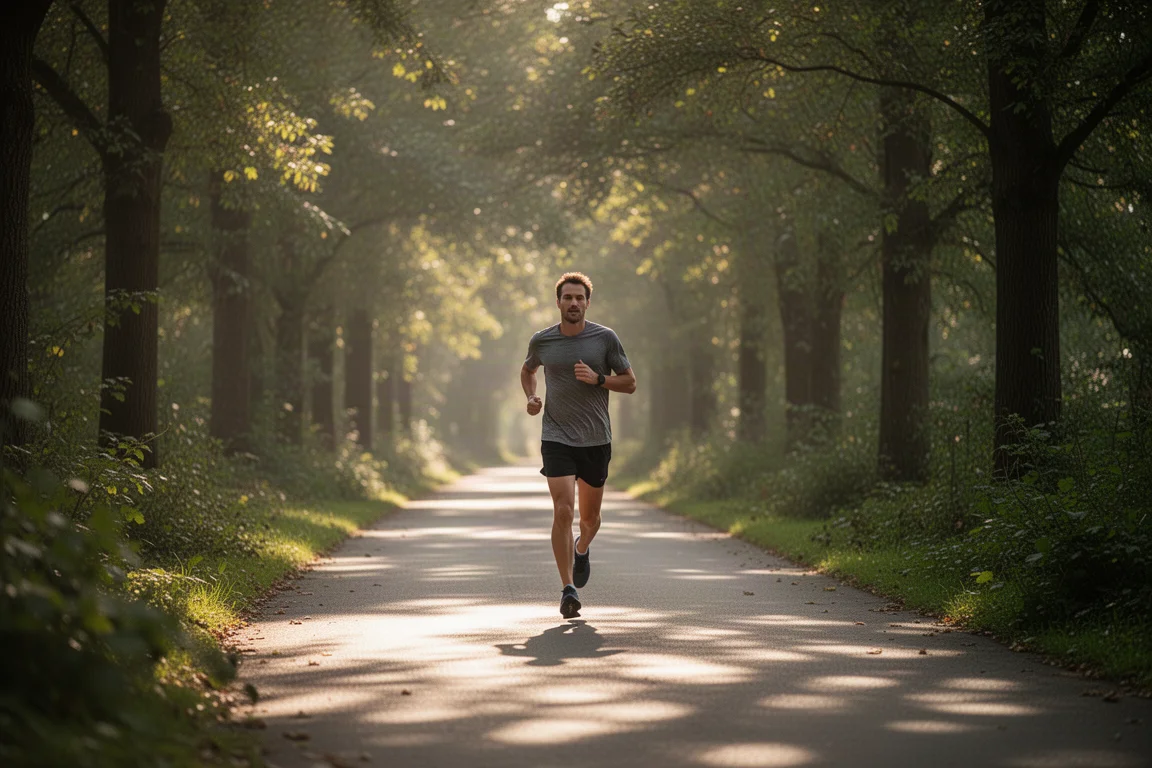 Runner extending an easy run past the planned turnaround on a tree-lined path