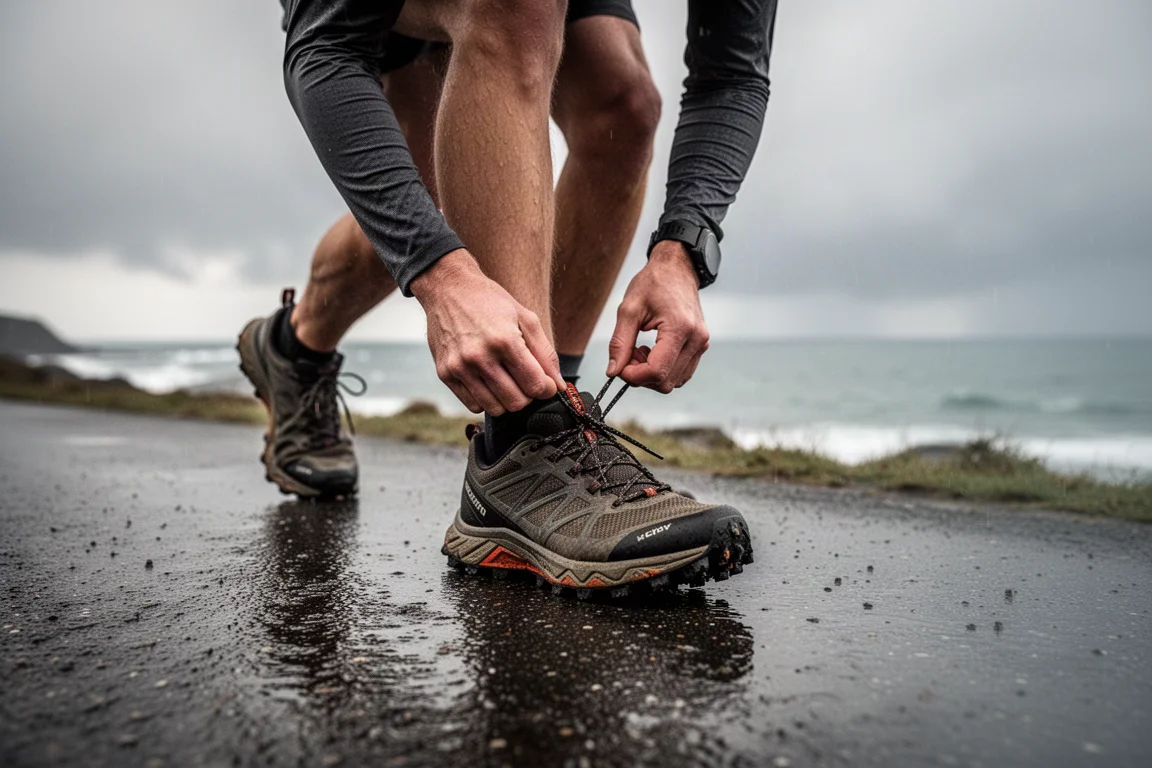 Trailrunner strikt robuuste trailrunningschoenen aan het begin van een run over een kustpad