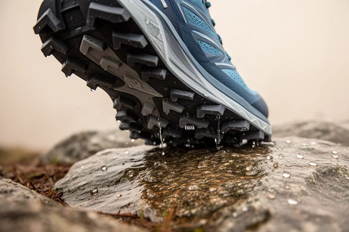 Close-up van kleverige rubberen noppen op de buitenzool tijdens een rotsachtig trailpad