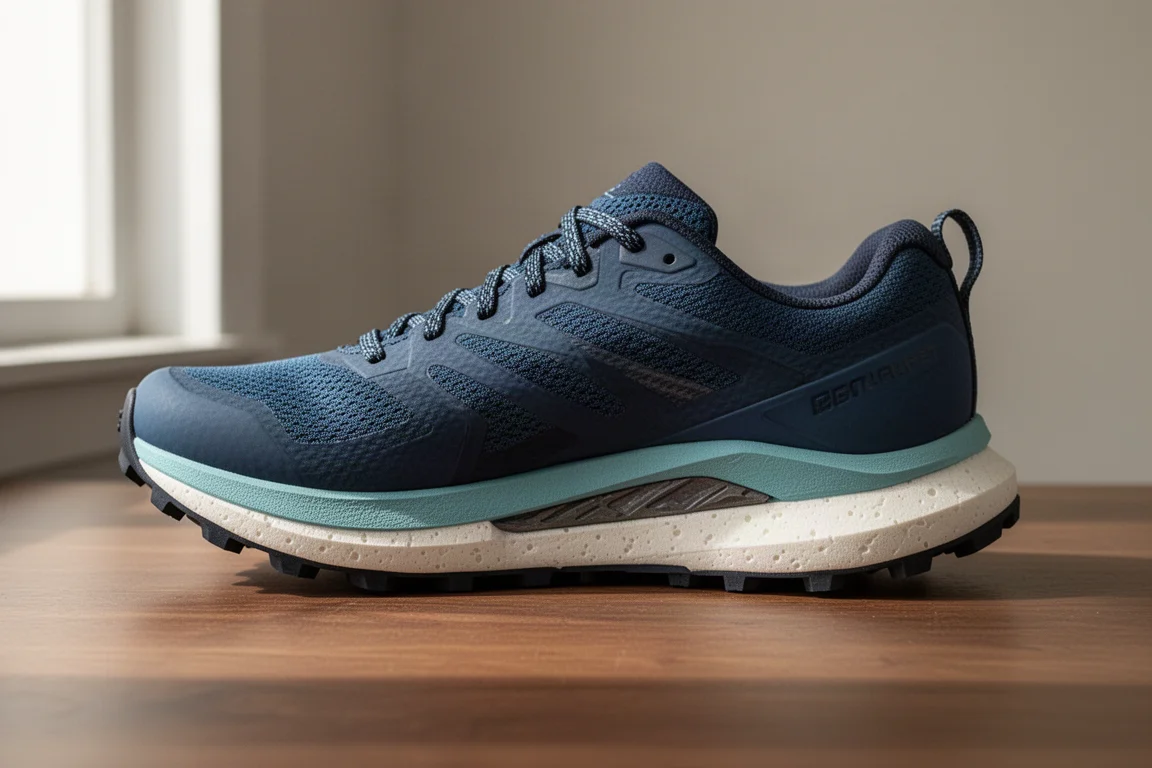 Detail van de tussenzool en rock plate van een trailrunningschoen op een neutrale ondergrond
