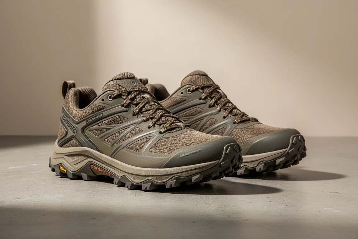 Coppia di robuste scarpe da trail running su una superficie in cemento opaco