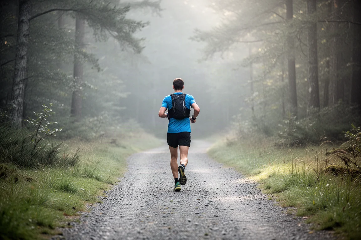 Trail runner on a mixed gravel and grass path in soft woodland light