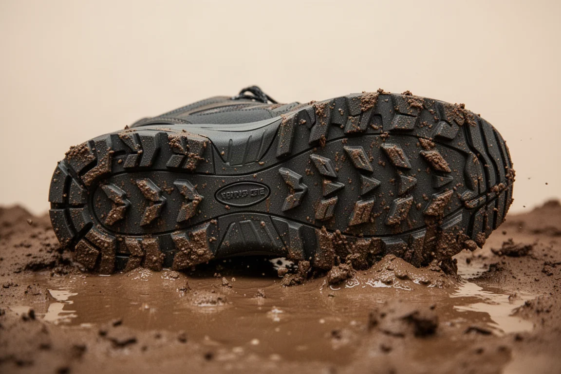 Close-up of aggressive trail shoe lugs gripping soft muddy ground