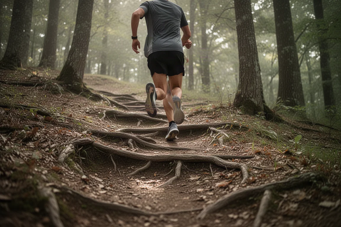 Runner climbing a rolling forest trail with roots and soft ground