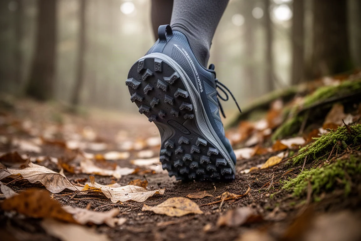 Buitenzool van trailrunschoen met 3.5mm noppen op een met bladeren bedekt bospad