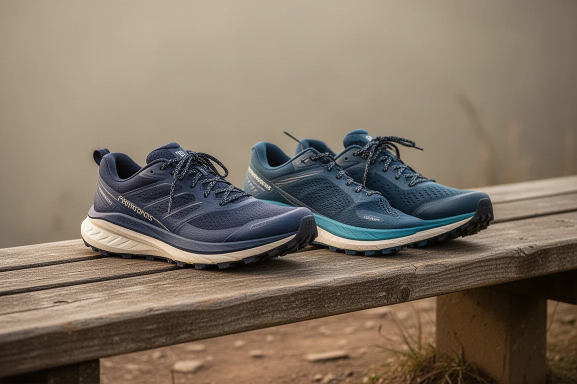 Twee trailrunschoenen naast elkaar op een bankje na een lange, gemengde loop training