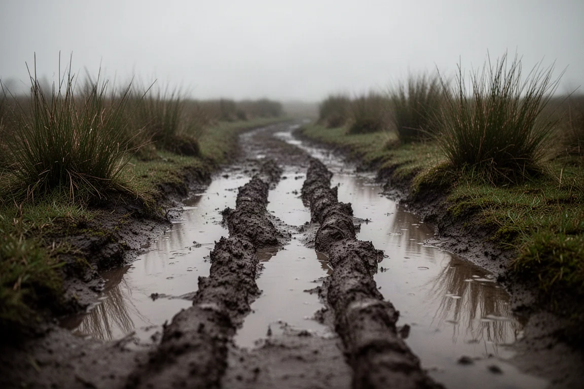 Modderige, drassige trailsectie met diepe natte sporen onder grijze luchten