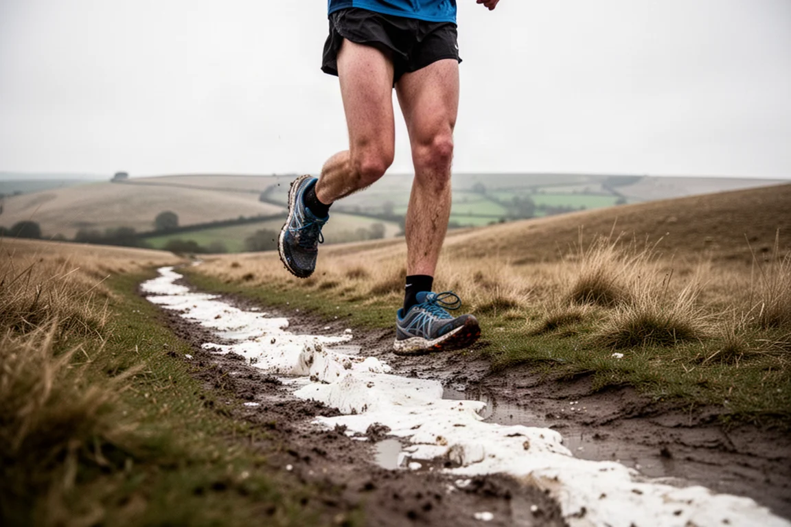 Trail runner attraversa un sentiero fangoso dei South Downs in una mattina fresca e coperta