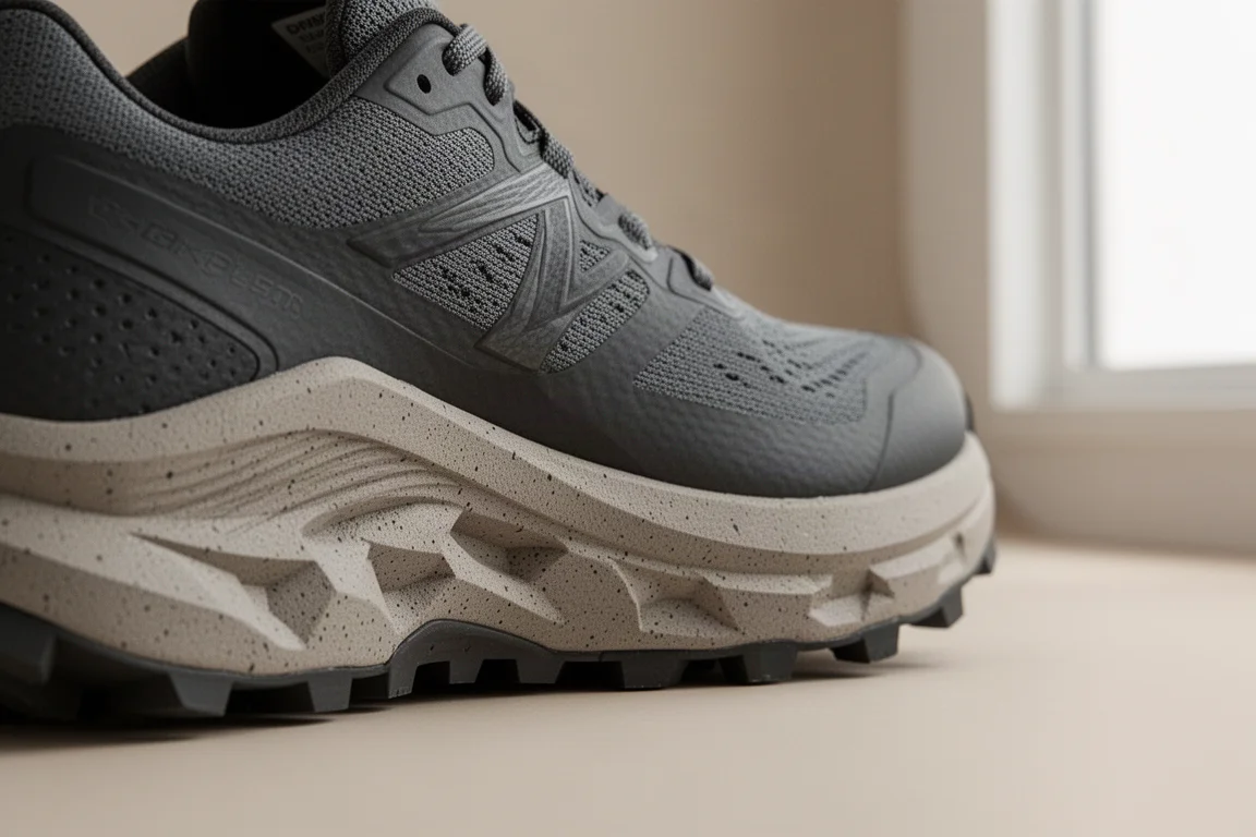 Primo piano della suola intermedia massiccia di una scarpa da trail con schiuma scolpita sul fianco