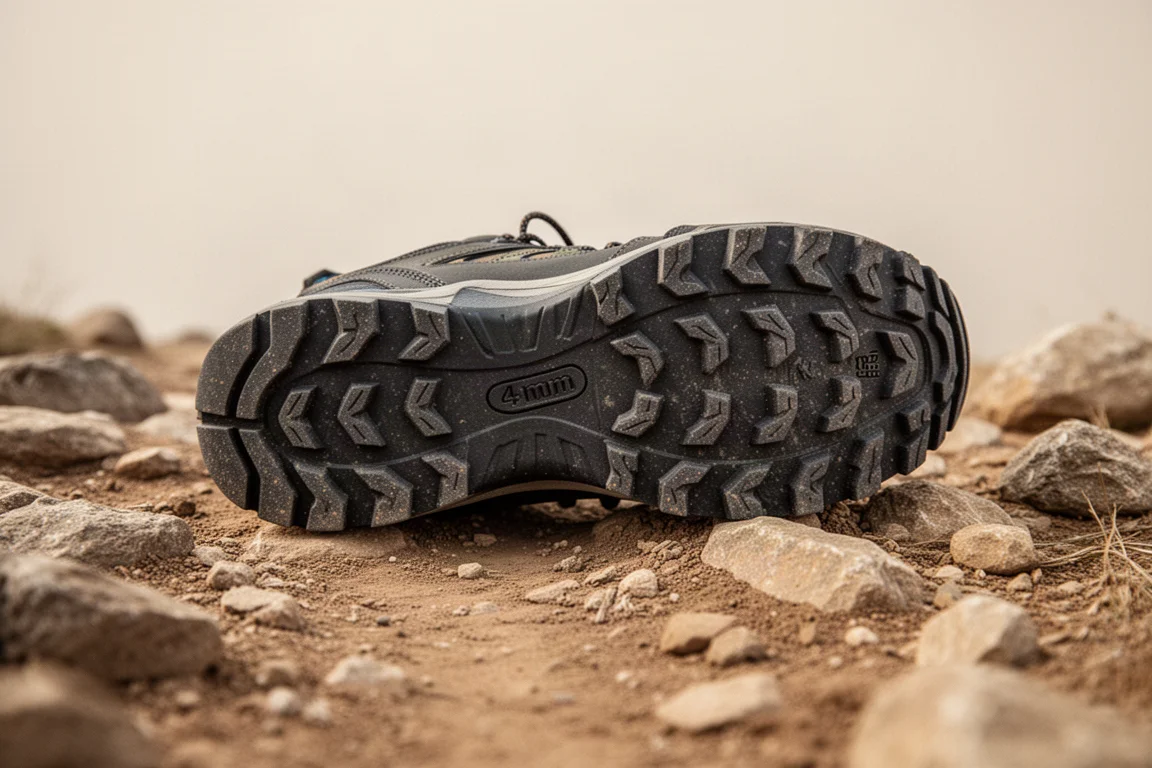 Suola esterna tassellata di una scarpa da trail pressata su superficie rocciosa e asciutta