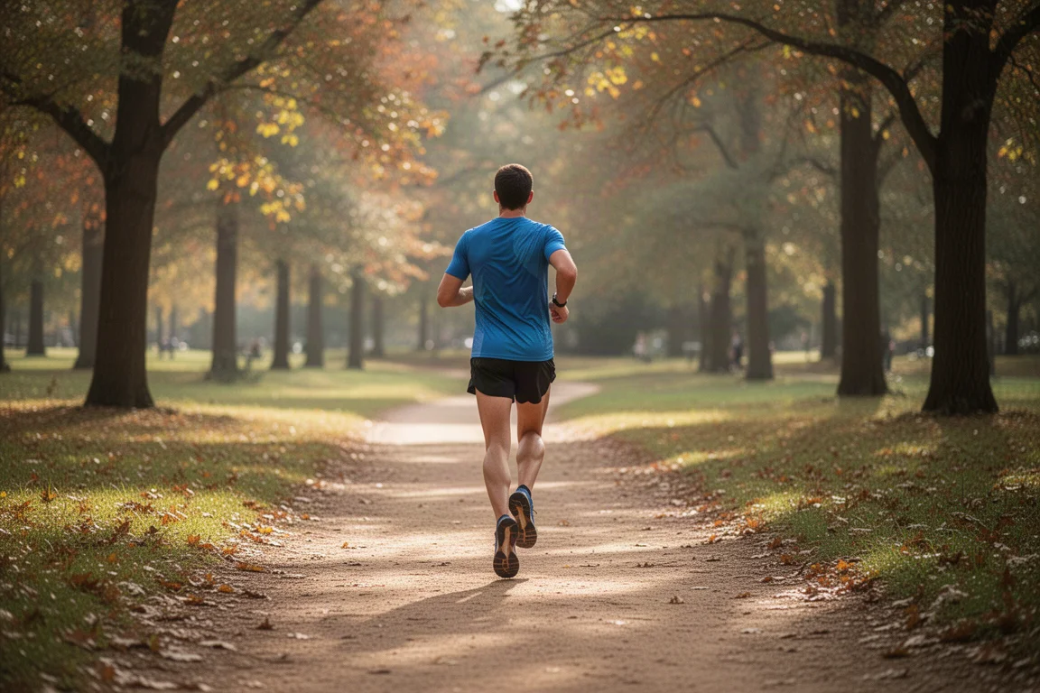 Trail runner percorre un ampio sentiero ben levigato in un parco con luce morbida