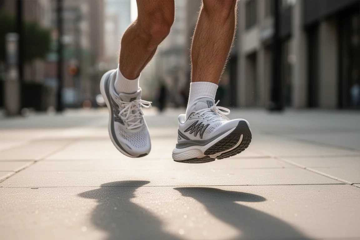 Close-up of the curved rocker sole profile of a neutral running shoe