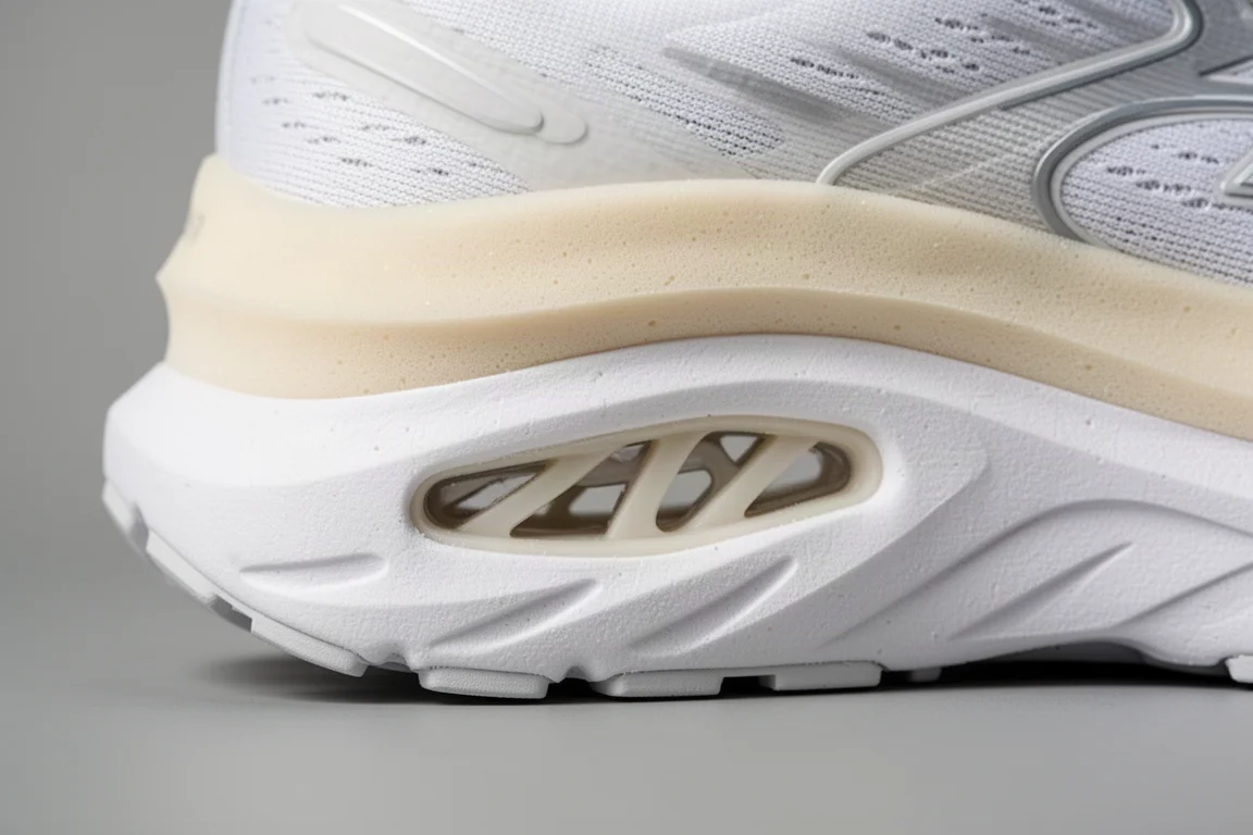 Close-up of layered dual density foam midsole and TPU plate