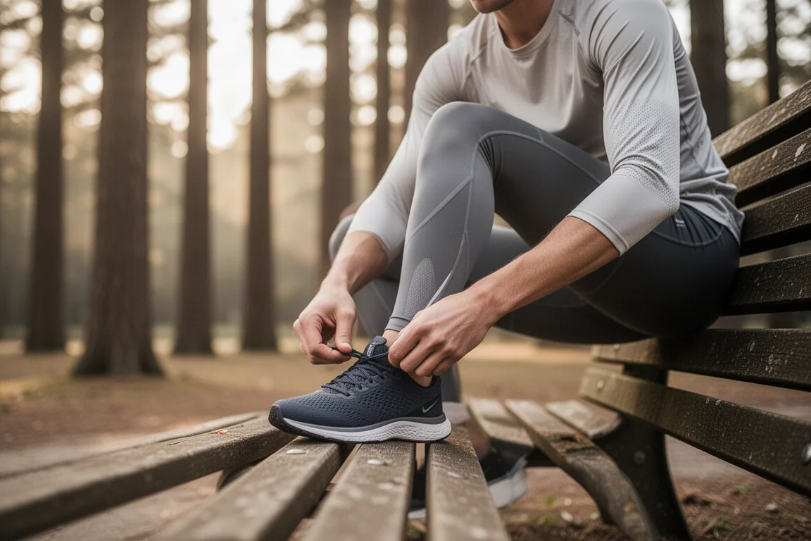 Engineered mesh upper of a running shoe showing breathable texture