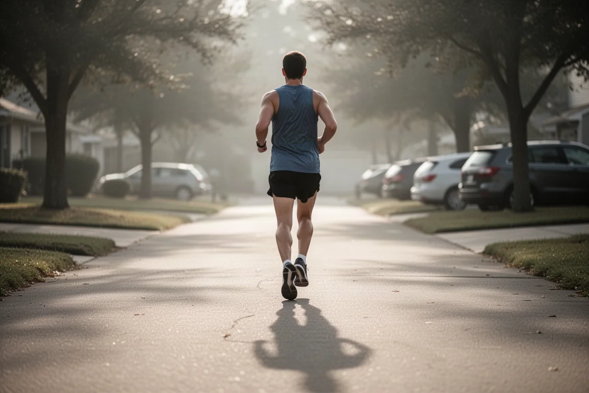 Coureur filmant sa propre foulée de dos sur un tapis de course