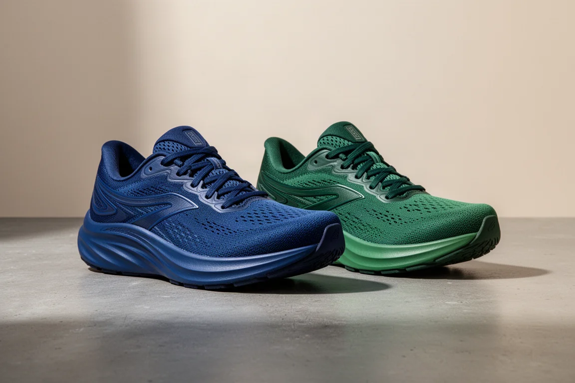 Blue and green cushioned running shoes side by side on grey concrete