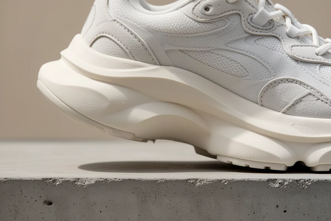 Close-up of thick white max-cushion midsole foam on a running shoe