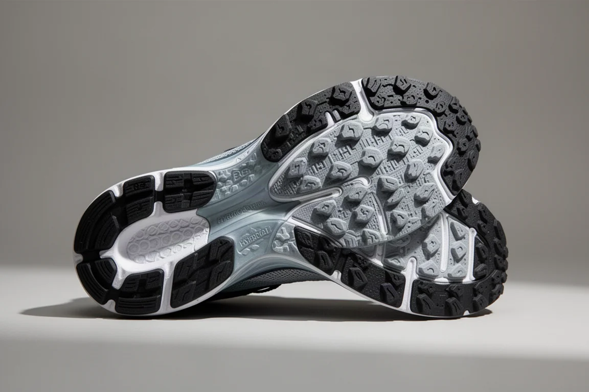 Outsole rubber tread pattern of a running shoe on grey surface