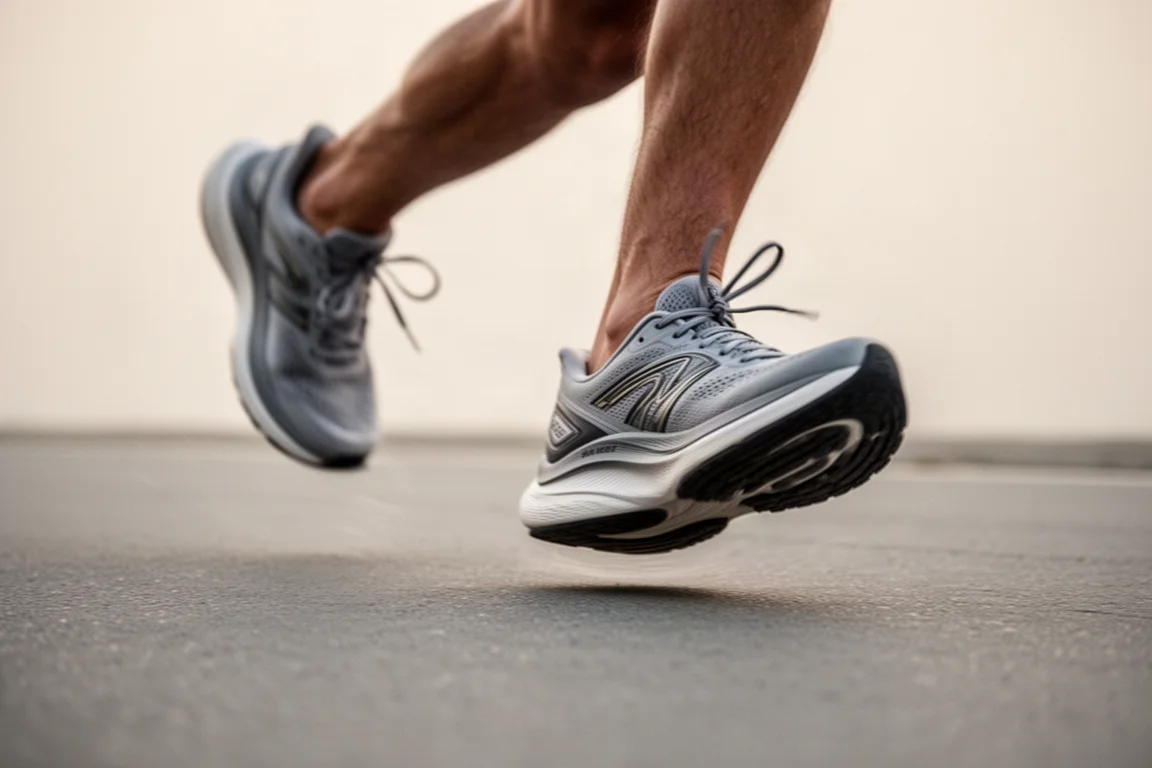 Piedi di un runner a metà passo su asfalto liscio nella luce morbida del mattino